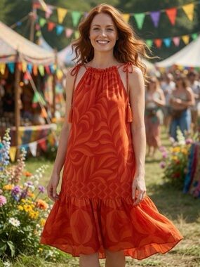 TAYLOR Orange Leaf Print Halter Tasseled Tie Midi Dress -Bohemian Summer